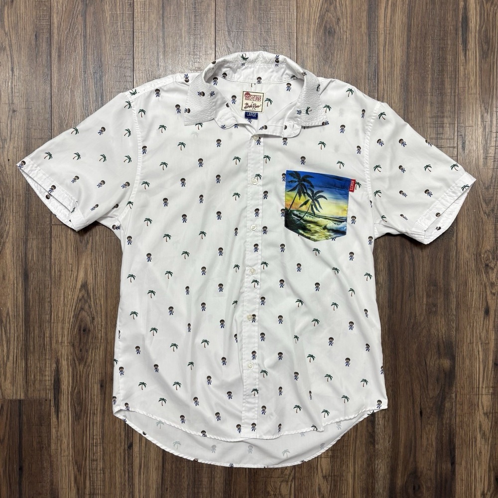 RSVLTS Bob Ross Shirt Mens Large Palm Tree Sunset Pocket Button Up Short Sleeve